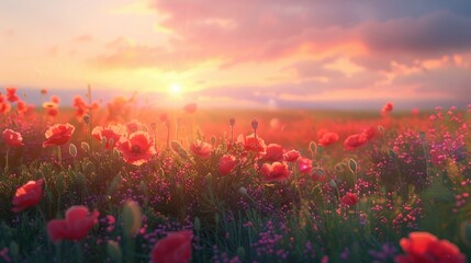 Wall Mural - a field of red flowers with a sun in the background. the sun is setting and the sky is a mix of oran