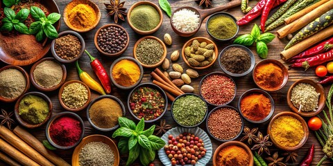 Wall Mural - Spices and herbs background with assorted colorful seasonings and ingredients, spices, herbs, seasoning, food, ingredients