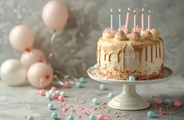 Wall Mural - Birthday Cake With Candles and Balloons in a White Room