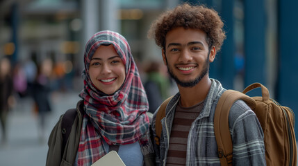 Poster - Two happy and diverse students smiling on campus