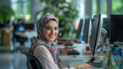 Aufkleber - Young professional woman is working at her desk in a busy and modern office