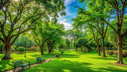 Canvas Print - Lush green nature in a public park , public, park, nature, green, outdoor, environment, trees, grass, foliage