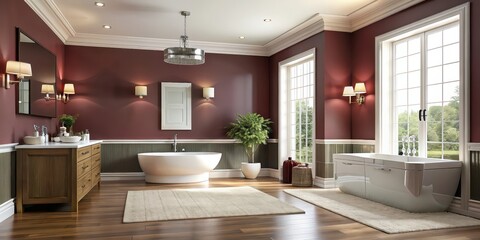 Canvas Print - Elegant bathroom retreat with maroon accent wall , luxurious, modern, interior design, relaxation, spa, stylish, contemporary