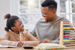 © K Davis/peopleimages.com - Black family, girl and father for teaching in home, helping and writing notes on lesson. Daddy, child and support for learning or daughter for education and studying, assignment and school project