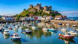 Image of Gorey Harbour with fishing and pleasure boats, the pier bullworks and Gorey Castle in the background with blue sky. Jersey, Channel Islands, UK