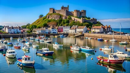 image of gorey harbour with fishing and pleasure boats, the pier bullworks and gorey castle in the b