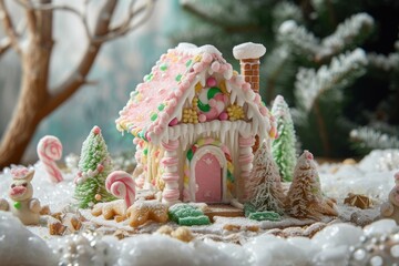 Sticker - Charming gingerbread house adorned with candy details in a snowy, miniature winter landscape