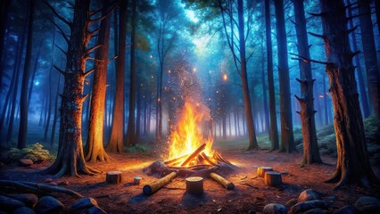 Sticker - Enchanting nighttime campfire in mystical forest with glowing embers and deep blue shadows , nature, adventure, outdoor