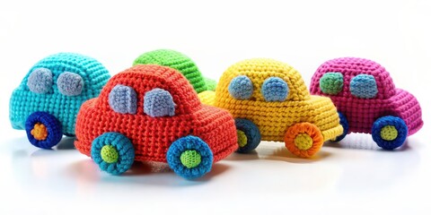 Wall Mural - Colorful crochet cars on a white background, crochet, cars, colorful, handmade, craft, yarn, creative, fun, transportation, hobby, cute