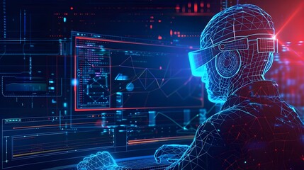 Fototapete - software operations of a computer engineer on computer, Abstract wireframe vector illustration