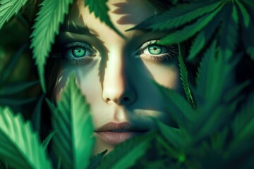 Wall Mural - Captivating image of piercing green eyes peeking through vibrant leaves