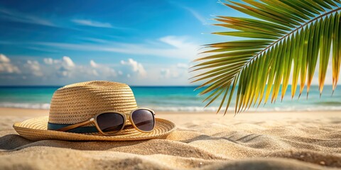 Wall Mural - Straw hat, sunglasses and palm leaves on sandy beach, vacation concept, straw hat, sunglasses, palm leaves, sand, beach