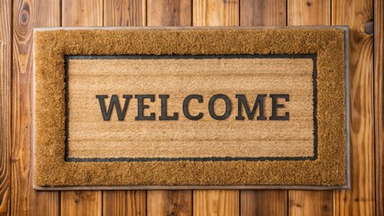 Canvas Print - Welcome door mat on wooden hall floor, welcome, door mat, wooden floor, entrance, home, hallway, interior