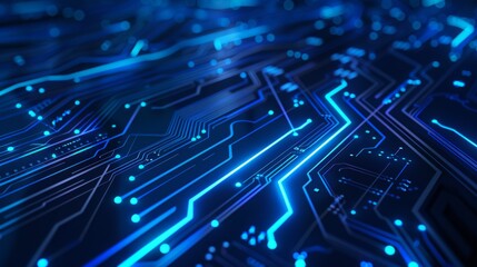 Wall Mural - Thin circuit tracing lines in blue on a dark technology background generative ai