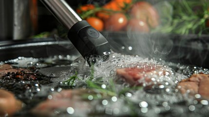 A detailed shot of the immersion wand on a sous vide machine gently circulating the water and evenly cooking food with its powerful heating element.