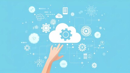 Fototapete - flat vector illustration of a hand touching a cloud with gears and data elements against a light blue background with icons in the style of marketing data visualizations,