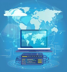Poster - flat vector illustration of software development concept with laptop, code and cloud server on blue background with world map