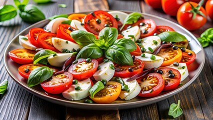 Canvas Print - Healthy and vibrant tomato mozzarella basil salad drizzled with balsamic vinegar dressing, tomato, mozzarella, basil