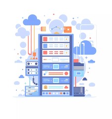 Poster - modern flat vector illustration of web development, servers and cloud with a white background, in a minimalistic style with clean lines and a simple design,