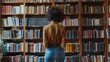 © ThisDesign - Woman standing in a library with shelves full of books generative ai