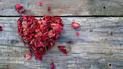 Wall Mural - Red dry flower heart on wooden surface