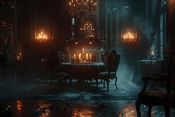 Canvas Print - Sinister aristocratic vampires gathered in opulent dimly lit manor with luxurious velvet furniture and flickering candlelight