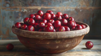 Canvas Print - Vibrant Crimson Cranberries Nested in Earthy Ceramic Bowl,Dramatic Chiaroscuro Lighting,Minimalist Still Life Composition