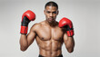 © abu - portrait of black American boxer with red gloves, advertising shot, isolated white background