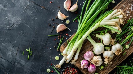 Poster - Spring onions and garlic on wooden board vegan cooking ingredients