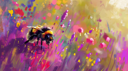 Wall Mural - Monet-inspired View of a Buzzing Bee Amidst a Field of Vibrant Pastels