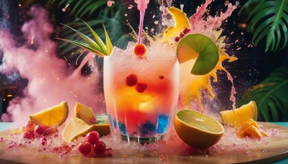 Wall Mural - colorful tropical cocktail, exploding ingredients, ad shot
