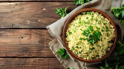 Wall Mural - Tasty bulgur and parsley in a bowl on wooden table top view with text space