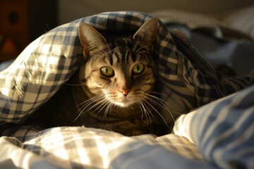 Poster - Domestic tabby cat rests under plaid blankets, basking in soft sunlight