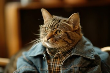 Canvas Print - Fashionable tabby cat outfitted with trendy eyeglasses and a classic denim jacket