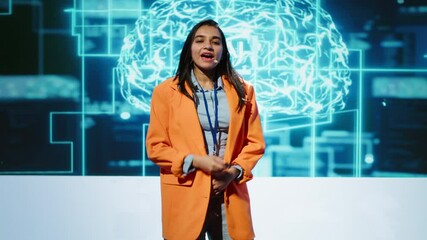 Poster - Speaker talking with world leading technology experts and innovators meeting at event to do deep dive into artificial intelligence technology. Expert showcasing latest innovations in AI, camera A