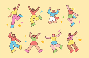 Wall Mural - people of various races are jumping excitedly. outline simple vector illustration.