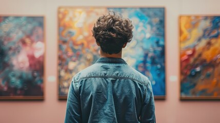 Person observing colorful abstract paintings in an art gallery, appreciating creativity and expression. Vibrant, artistic, contemplative moment.