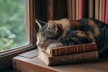 Sticker - Serene tabby cat sleeps peacefully atop a stack of antique books by the window