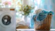 © Yurij - Laundry basket and washer against blurred background with space for text placement