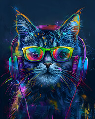  Abstract digital painting of a colorful cat wearing glasses and headphones, blending vibrant neon shades and modern art style.