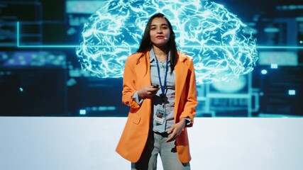 Poster - Lively speaker talks at AI event gathering tech startups managers, investors and academics. Expert hosts sessions geared towards helping IT business leaders tap into artificial intelligence, camera A