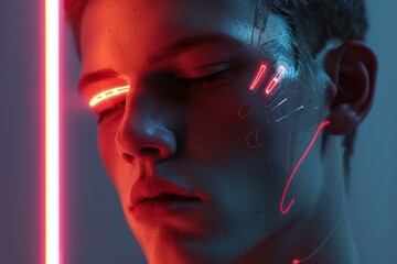 Poster - Closeup of a male with futuristic cyber enhancements and neon lighting