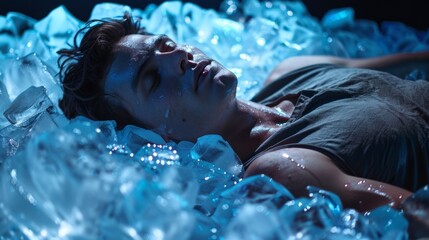 A person lays on a bed of ice trusting in the power of cold therapy to activate endorphins and reduce pain.