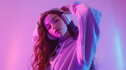 Stylish fashion teenager model wearing hoodie and headphones listening dj music dancing in purple neon lights. Young teen girl enjoy cool music 90s party mix in violet studio background. Copy space. 