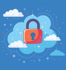 Wall Mural - Flat design vector illustration of a data protection concept with a padlock and cloud on a blue background