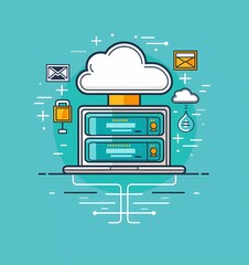 Poster - Flat vector illustration of cloud computing server and laptop in minimalist design style with simple shapes