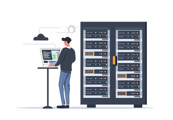Fototapete - Flat vector illustration of an IT system or cloud server. A software engineer working on a laptop in a data center with equipment and storage racks for virtual architecture design
