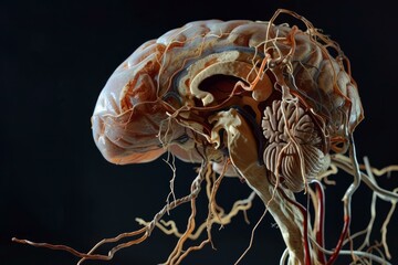 Poster - Anatomically accurate model of a human brain showcased against a dark backdrop, highlighting intricate details