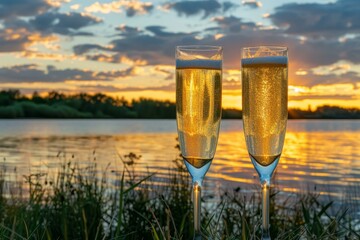 Sticker - Two champagne glasses sparkle as the sun sets serenely over a calm lakeside, celebrating a moment