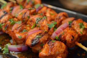 Sticker - Juicy chicken skewers on a black surface, seasoned with fresh herbs and spices